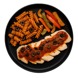 Dinde basse température à l’italienne – Fusilli complètes – Poivrons rôtis