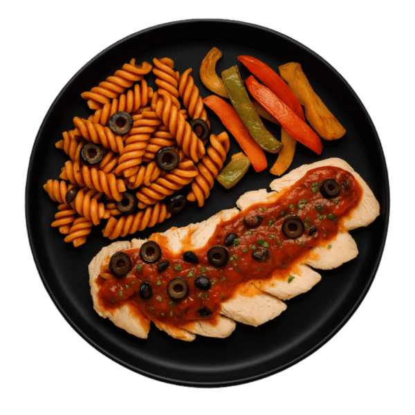 Dinde basse température à l’italienne – Fusilli complètes – Poivrons rôtis